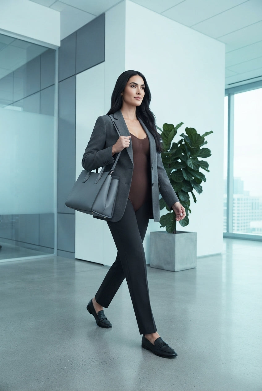 A confident woman in a tailored blazer and seamless shapewear bodysuit walking through a modern, bright office space.