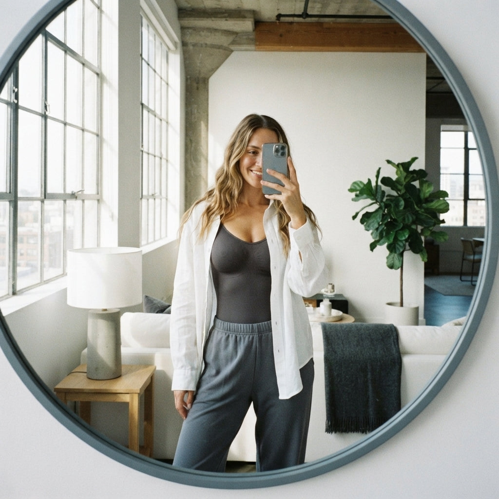 A woman confidently wearing one-piece shapewear in a bright, modern apartment.